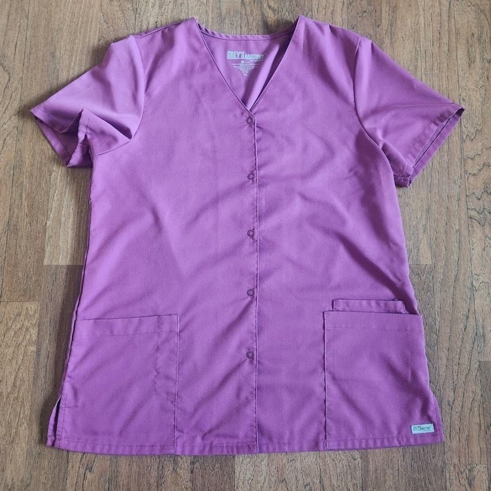 Greys Anatomy by Barco Womens Purple Snap Front V-Neck Scrub Top‎ Size Med 391